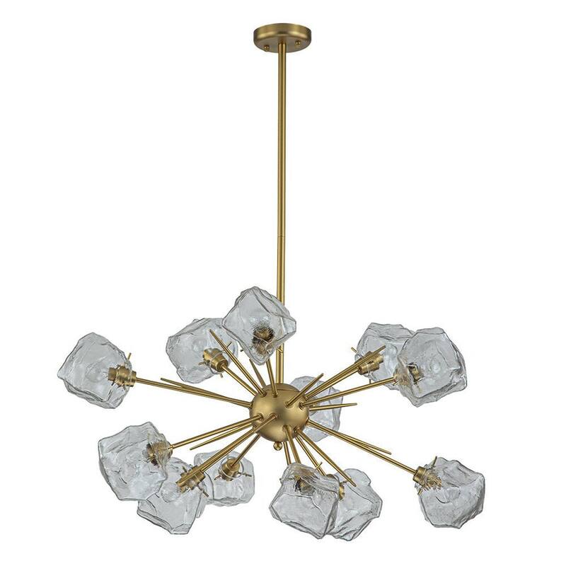 12-Light Sunburst Clear Glass Ice Shade Chandelier Brushed Brass