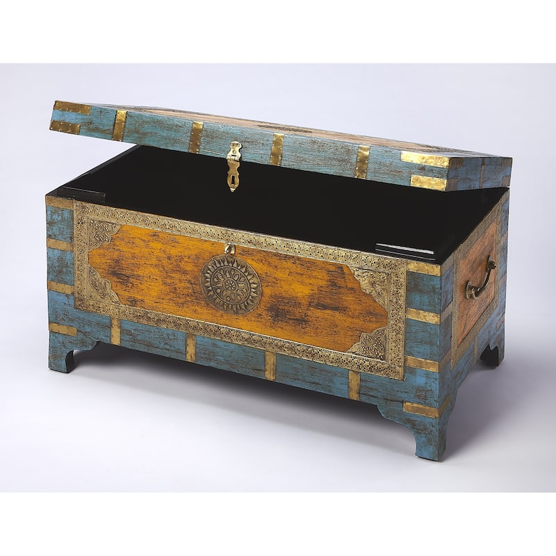 Nador Hand-Painted Brass Inlay Storage Trunk Coffee Table