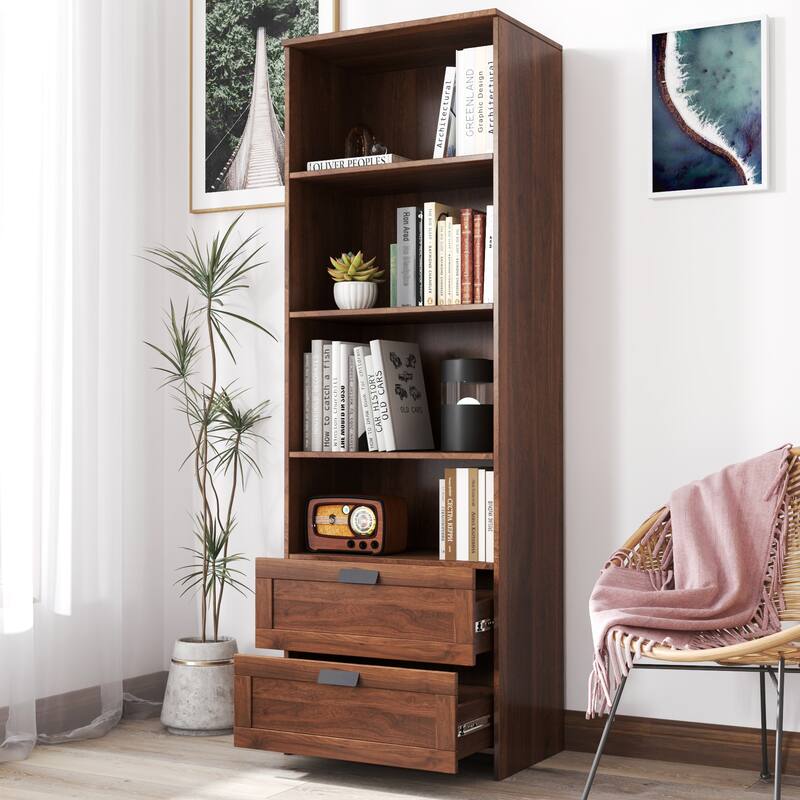 Anmytek Walnut Bookcase with 2 Drawers Tall Display Shelf for Living Room and Home Office Storage