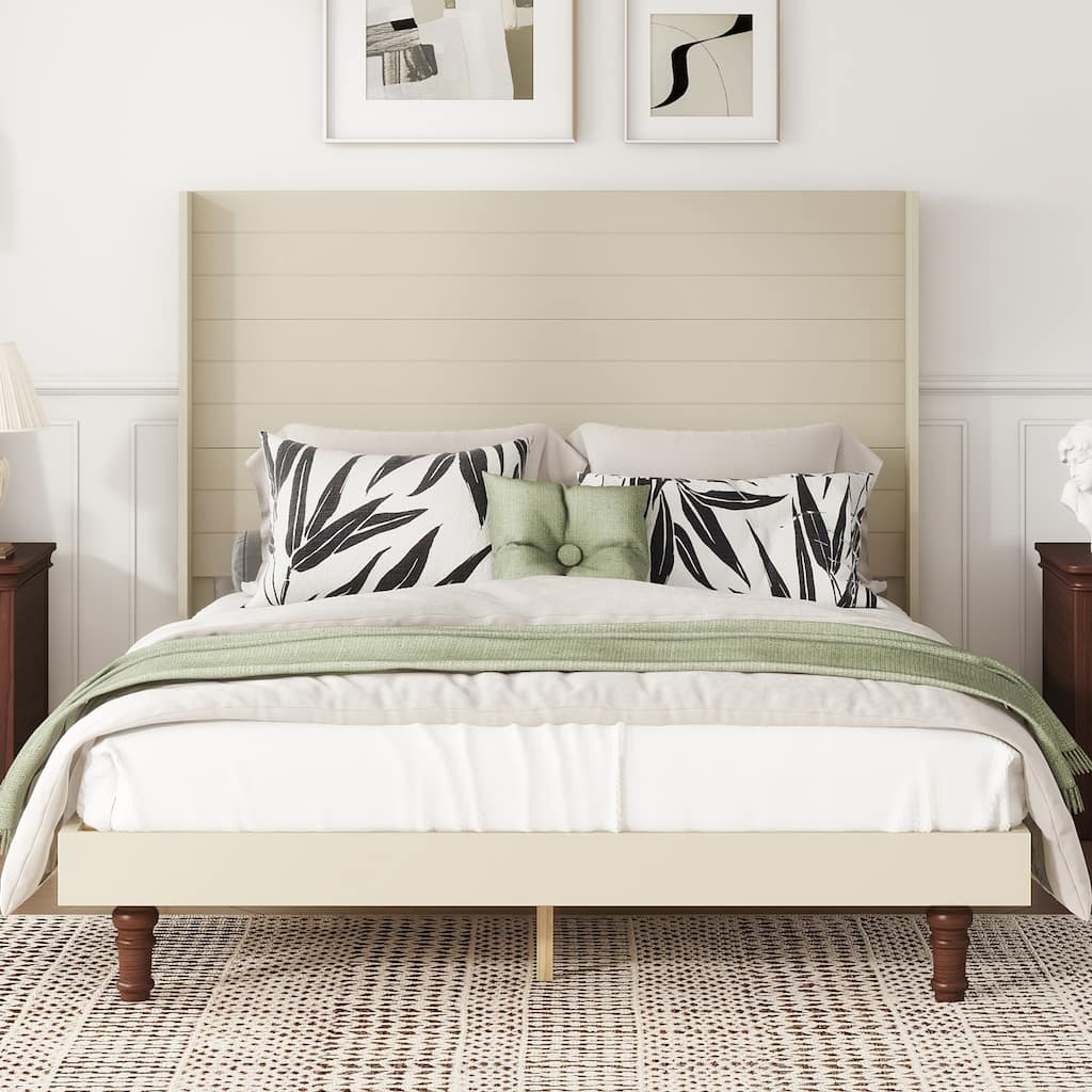 Queen Size Beige High Headboard Bed with Stylish Design for Comfortable Reading and Relaxing