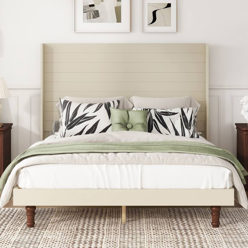 Wooden High Back Bed, 54In High Headboard, Classic Platform Bed Frame