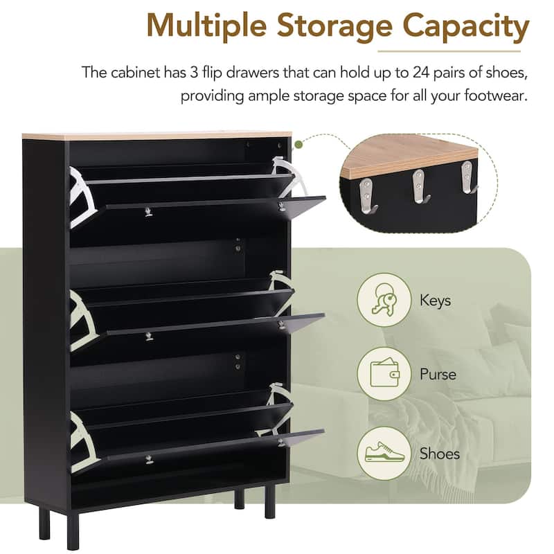 Narrow Design Shoe Cabinet with 3 Flip Drawers