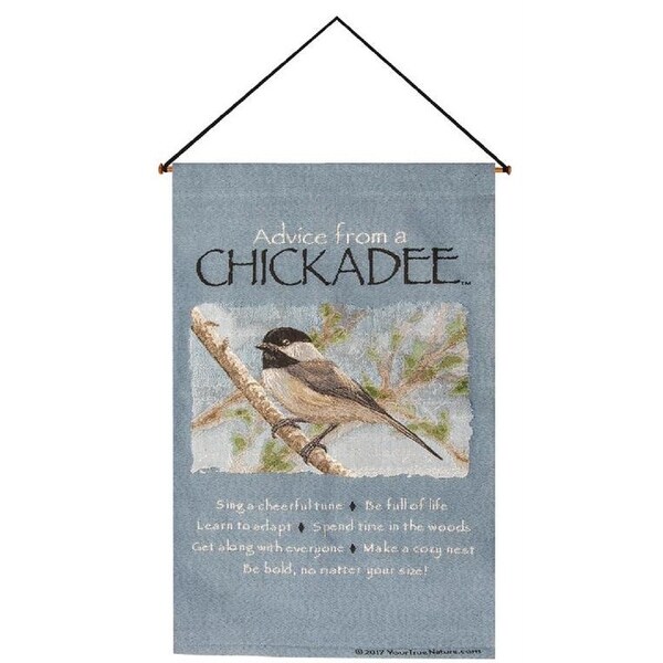 "Advice From A Chickadee" Light Blue and White Verse Printed Wall Tapestry 16" X 26" - N/A