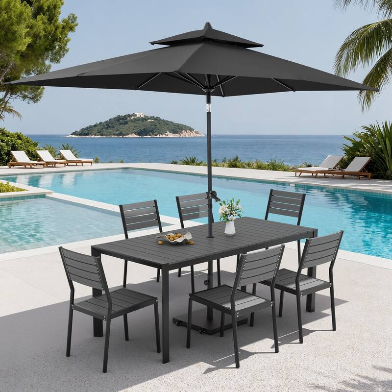 9-Piece Outdoor Patio Dining Set Wood Like Aluminum Umbrella Hole Table with Stackable Chairs, Market Umbrella and Wheel Base - GreyTable&GreyChairs&BlackUmbrella