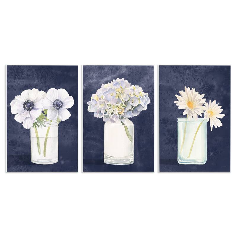 Stupell Farmhouse Flower Bouquets Navy Blue White Painting,3pc, each 10 x 15, Wood Wall Art - 10 x 15