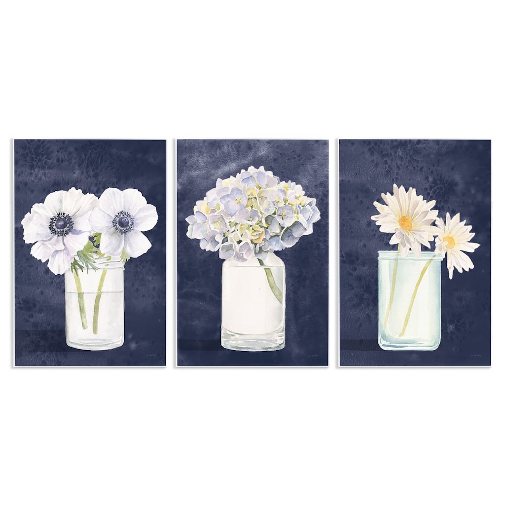 Stupell Farmhouse Flower Bouquets Navy Blue White Painting,3pc, each 10 x 15, Wood Wall Art
