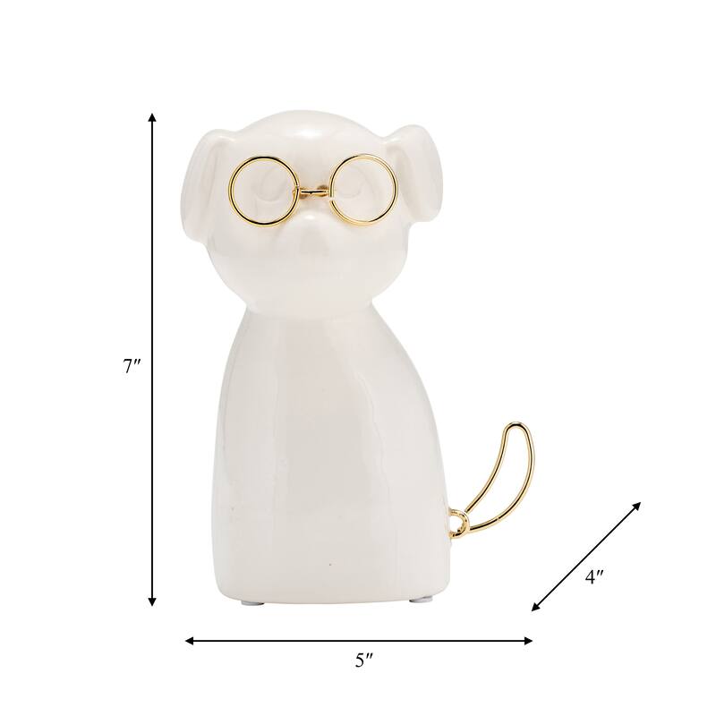 Sagebrook Home Glam Stoneware and Metal Dog Figurine with Bowtie and Glasses - Elegant Decorative Accent Sculpture