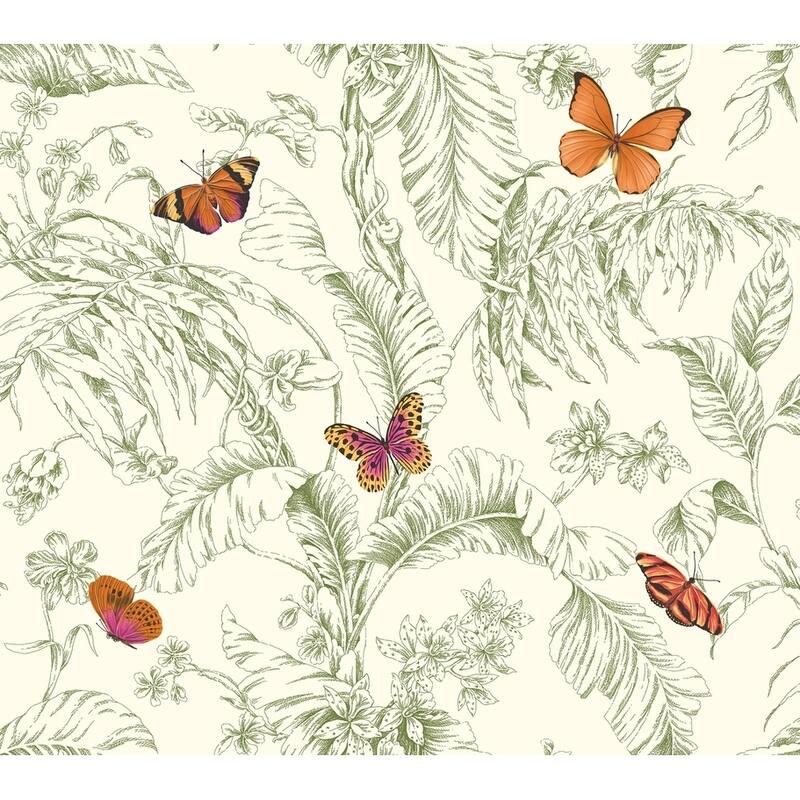 Butterflies Papillon Wallpaper 27 in. x 27 ft. 60.75 sq.ft. - 7 in. x 27 ft. = 60.75 sq.ft. - Green/Orange