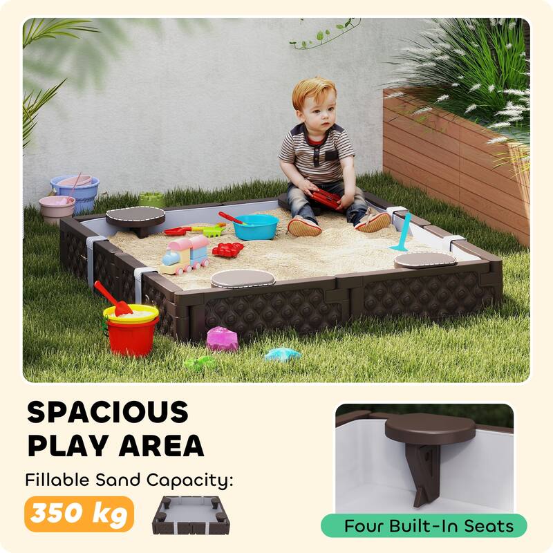Dark Brown HDPE Kids Sandbox with Four Seats Large Outdoor Play Sandpit Waterproof Cover - 46.9" L x 46.9" W x 8.7" H
