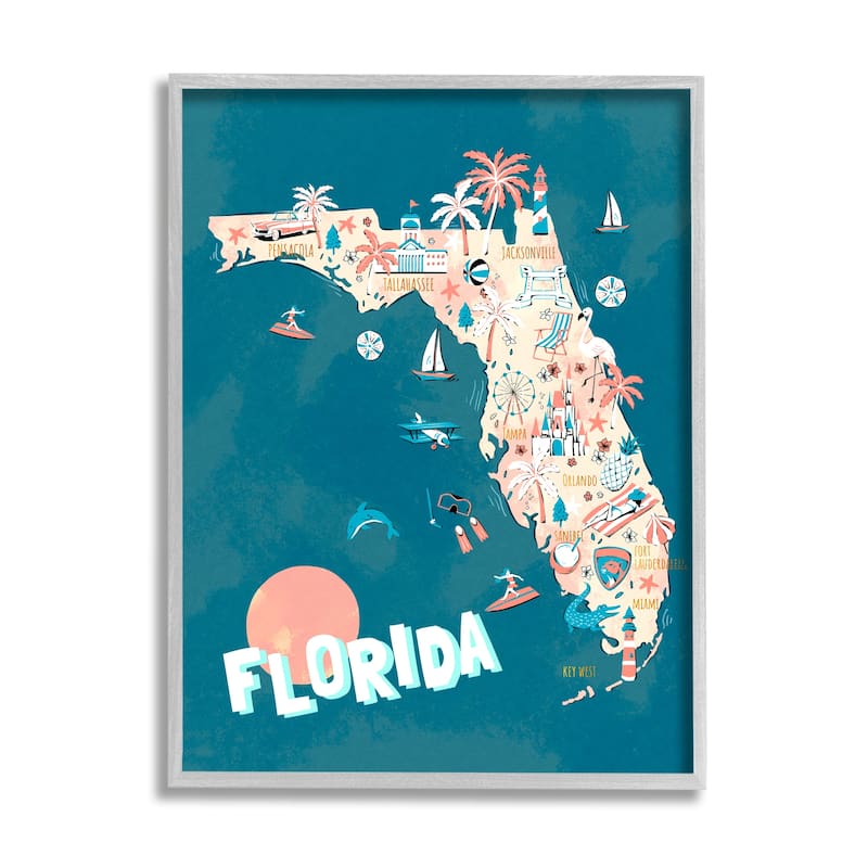 Stupell Florida Sunny State Retro Vacation Tourism Vivid Map Framed Wall Art, Design by Ziwei Li - Blue - 11 x 14 - Grey