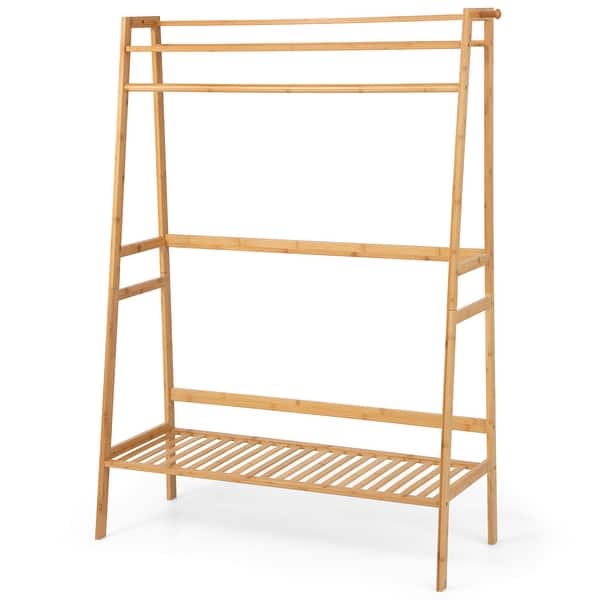 3Tier Bamboo Clothing Rack Freestanding Clothes Organizer with Shelves