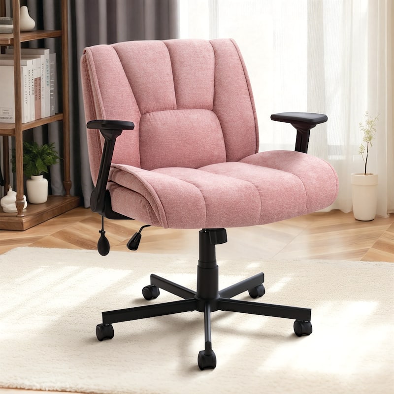 BOSSIN Criss Cross Office Chair with Flip-Up Arms - Wide Seat Desk Chair with Dynamic Airbag Lumbar Support & Wheels - Pink