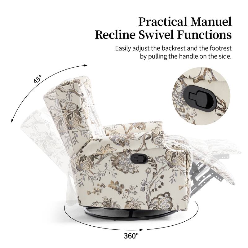 29'' W Pattern Floral Swivel Manual Push Back Recliner Glider Chair