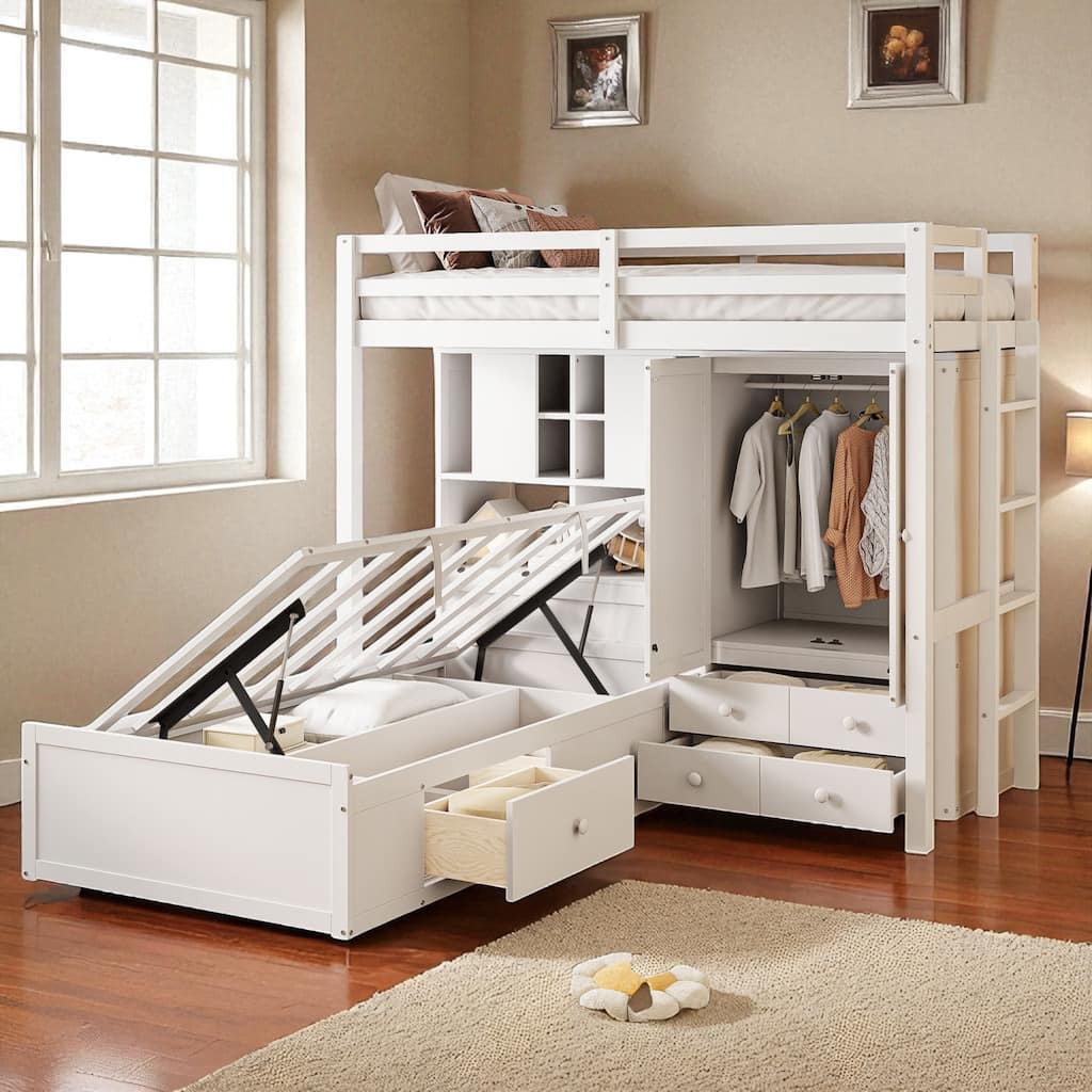 Twin Bunk Bed with Drawers, Wardrobe, Shelves and Hydraulic Lift Storage, Space Saving Bed for Kids Teens