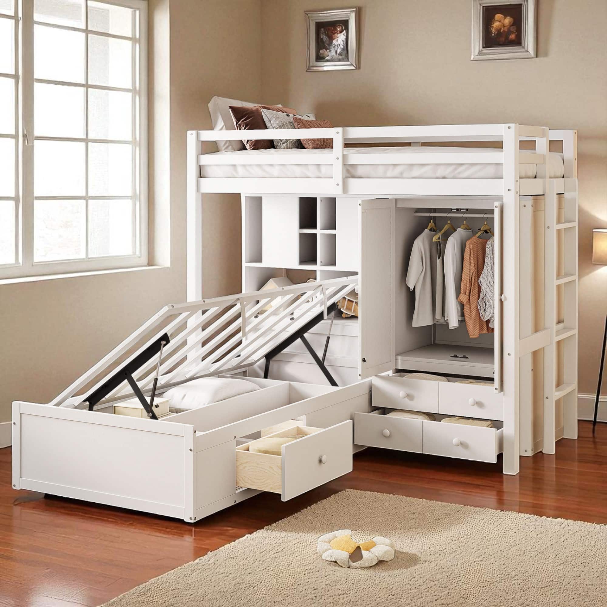 bunk bed with dresser Bedz King Tall Twin Over Twin Stairway in Gray 2 Storage Drawers With solid plywood slats and a metal support bar Robbinsdale Twin over Full Bunk
