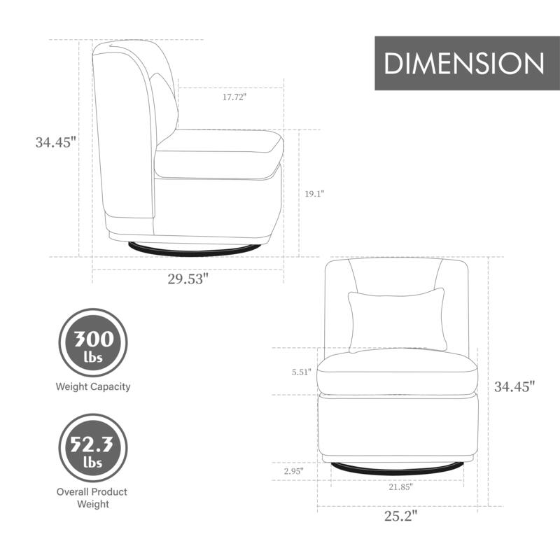Chenille 360° Swivel Armless Chair with Metal Base, High-Density Foam Cushion, and Included Pillow