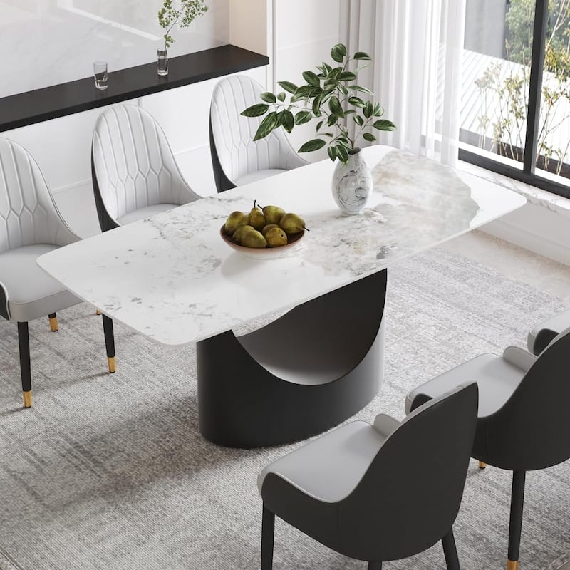71" Black Marble Sintered Stone Table Top,Rectangle Dining Room Table with Unique U-Shape Black Carbon Steel Pedestal - Pandora