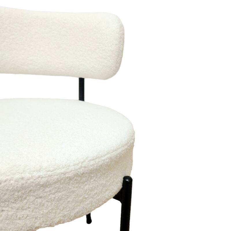 Mid-Century Modern Boucle Dining Chair - White Upholstered Curved Backrest with Black Metal Legs