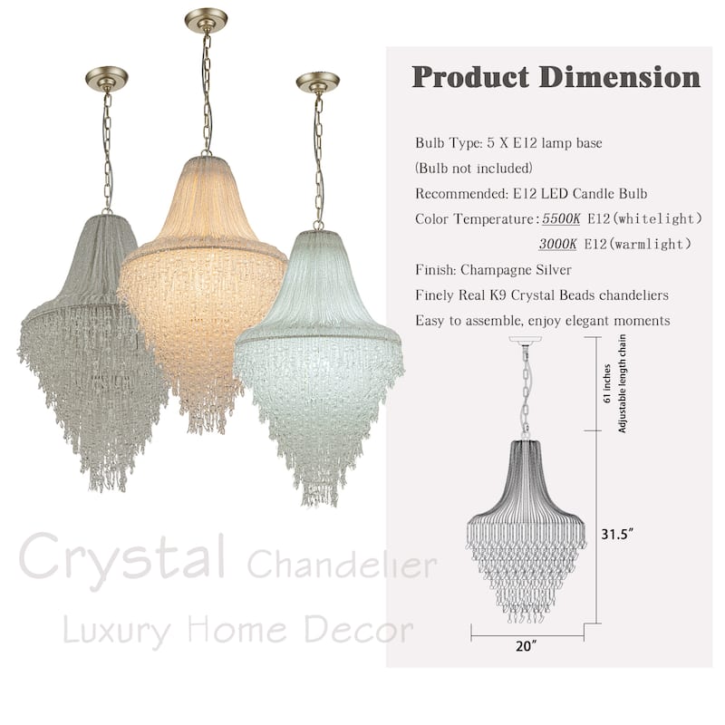 CraftHome Vintage Meets Modern Luxury 5-Light Handcrafted Elegance Chandelier with Clear Crystal Beads in Antique Silver - W 20"