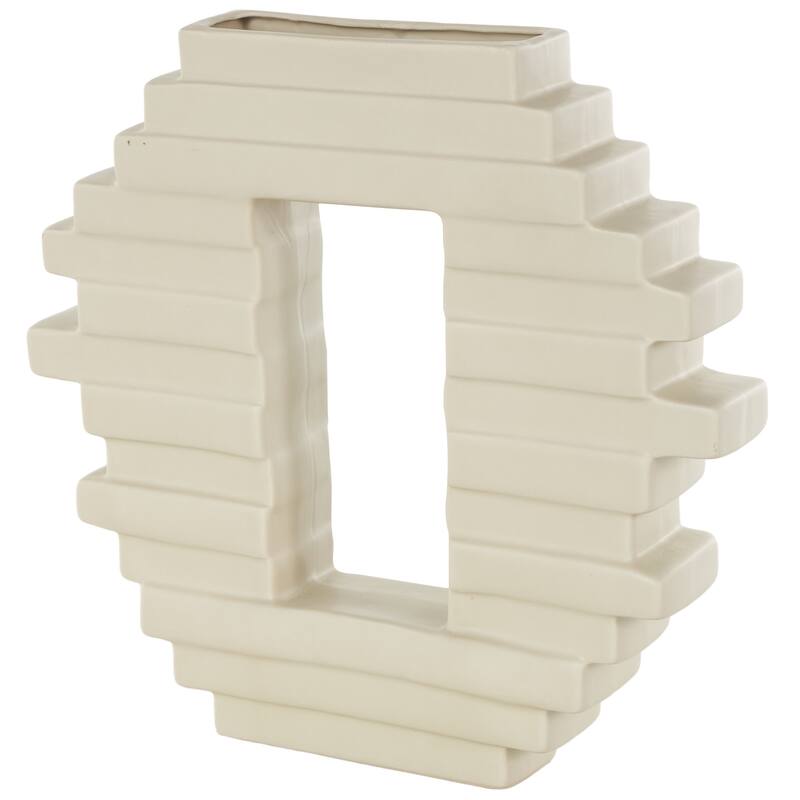 Cream Ceramic Abstract Decorative Vase with Rectangular Center Cutout