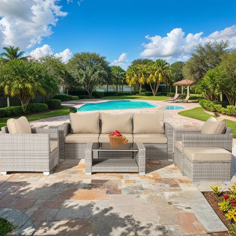 7-Piece Wicker Outdoor Sectional Set with Cushions and Table