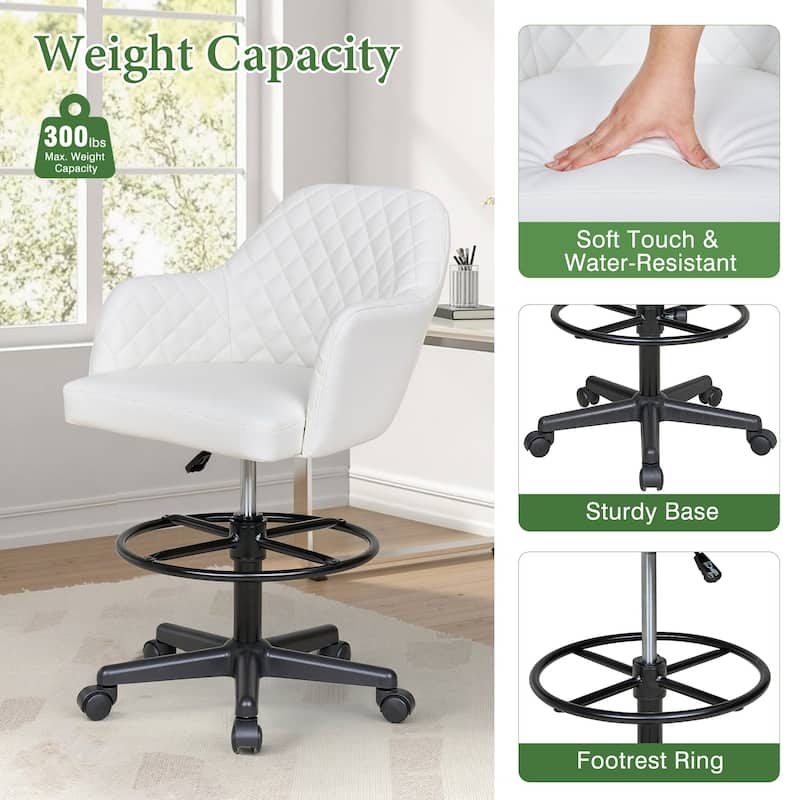 VECELO PU Leather Drafting Chairs with Adjustable Height Diamond-Stitched 360° Swivel Task Chair with Metal Frame