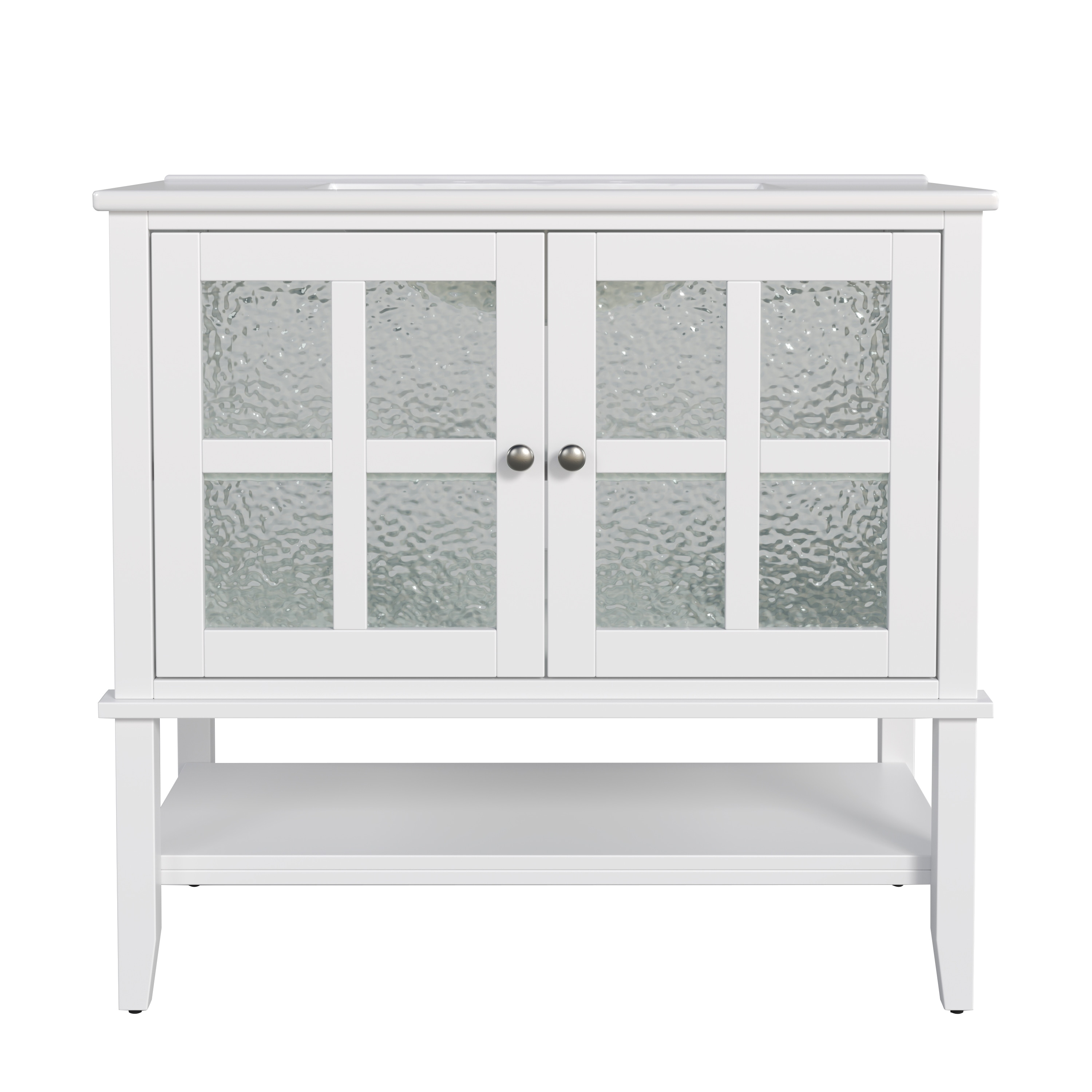 Solid Wood Bathroom Storage Cabinet with Ceramic Top Sink and Glass Doors, 36" Freestanding Single Sink Vanity Set