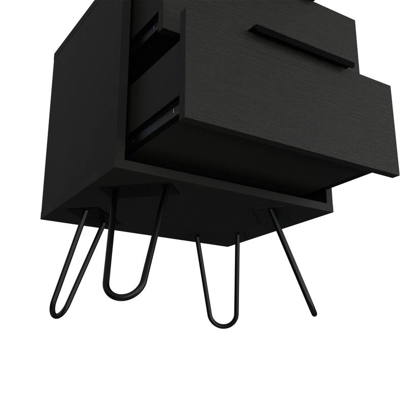 Modern Black Wengue Nightstand, 2 Drawers with Hairpin Legs, Compact and Stylish Design, 13.7"x17.71"x22.44"