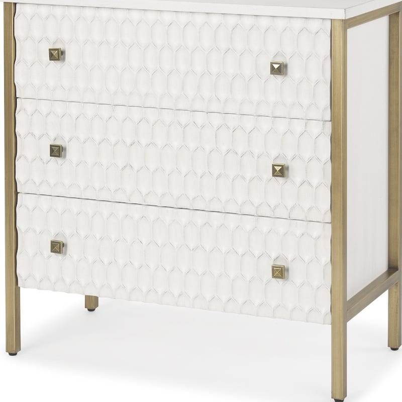 HomeRoots 32" White and Gold Wood and Metal Carved Geometric Accent Cabinet With Three Drawers
