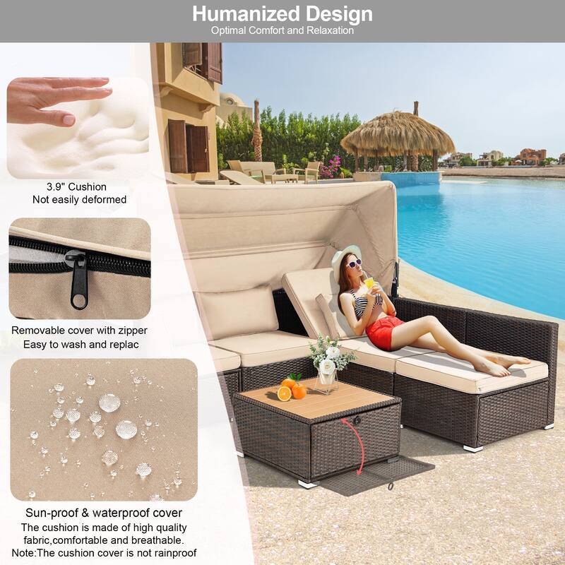 Erommy 6-Piece Patio Set - Rattan Daybed with Canopy & Adjustable Backrest