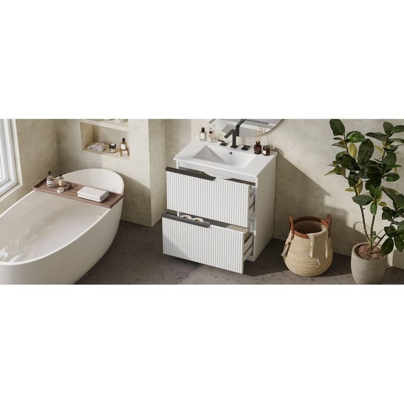 Fluted Bathroom Vanity with Ceramic Sink, Freestanding Vanities Set, Bathroom Storage Cabinet with Full-Extension Drawers