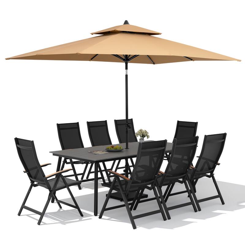 11PC Outdoor Patio Dining Set WoodLike Aluminum Umbrella Hole Table with Folding Chair,Double Top Market Umbrella and Wheel Base