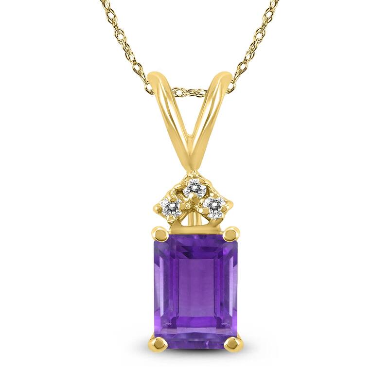 Marquee 14K Yellow Gold 6x4MM Emerald Shaped Amethyst and Diamond Pendant