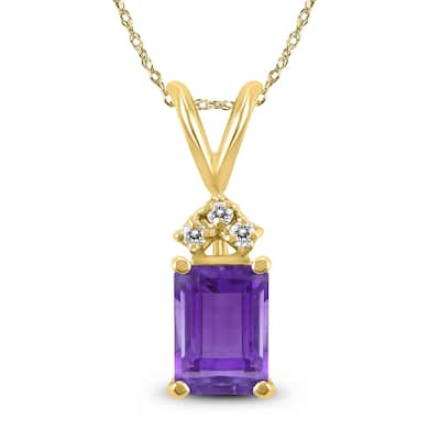 Marquee 14K Yellow Gold 7x5MM Emerald Shaped Amethyst and Diamond Pendant