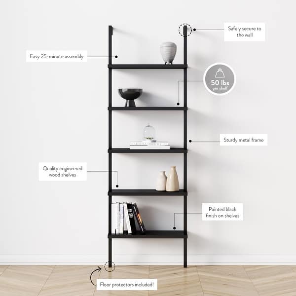 dimension image slide 9 of 12, Nathan James Theo 5-Shelf Ladder Bookcase Wood with Metal Frame