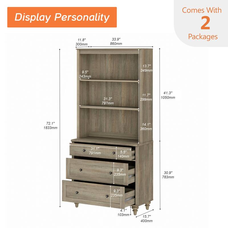 Wash Gray Bookcase with Doors, Large Wood Farmhouse Book Case Shelf - wash grey