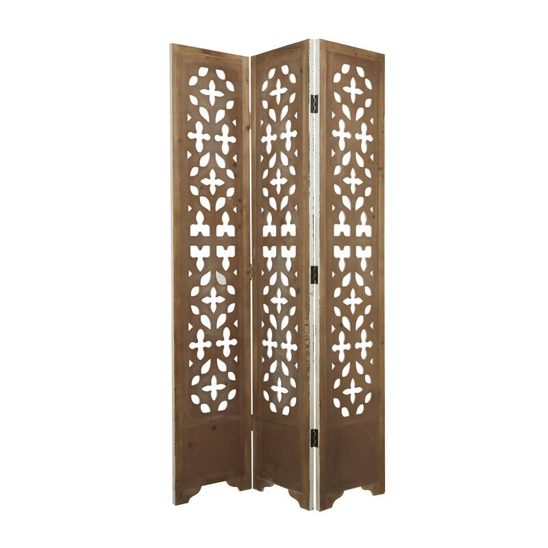 White Wood Hinged Foldable Partition 3 Panel Floral Room Divider Screen with Intricately Carved Designs - 45 x 1 x 75