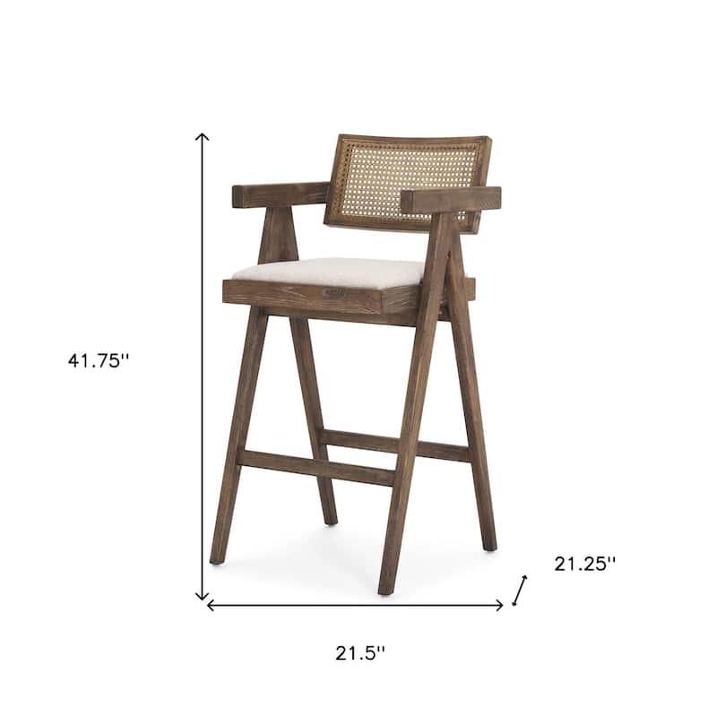 HomeRoots 30" Off White and Brown Fabric and Solid Wood Low Back Bar Height Bar Chair