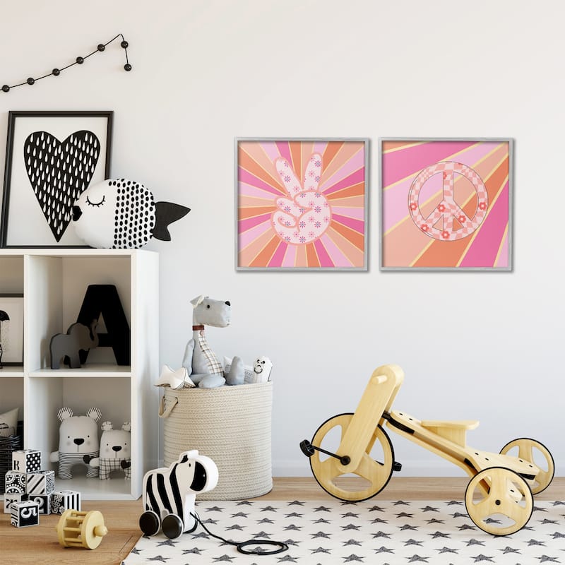 Stupell Groovy Peace Symbols on Stripes Framed Giclee Art Design By Jesse Keith (Set of 2)