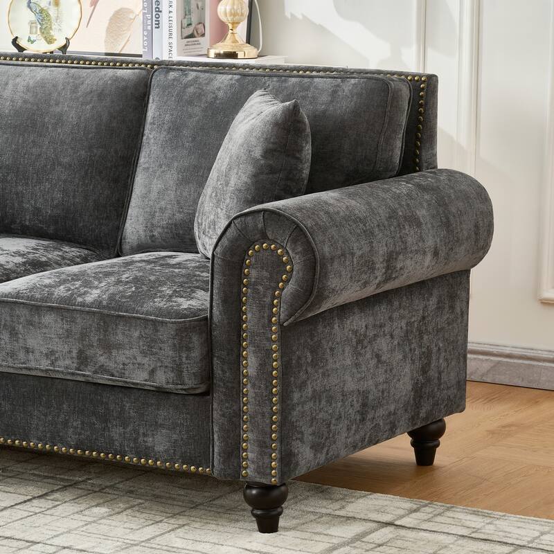 Chenille Upholstered 3 Seater Sofa, Oversized Sofa with Rolled Arms, Deep Seat Couch with Nailhead Trim & Wood Legs