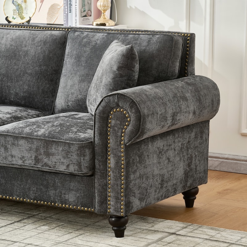 Loveseat with Rolled Armrest, Chenille Upholstered Fabric Sofa, 2-Seater Couch with Solid Wood Legs & Nailhead Trim