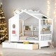 preview thumbnail 1 of 16, Full Size Wooden House Bed Kids Bed with 2 Drawers and Storage Shelf White