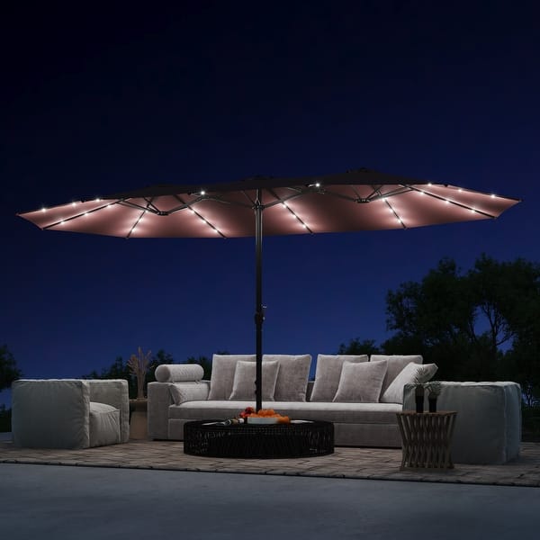15x9 patio umbrella with base Easton Twin 15 x 9 ft. retangular shape Market / Outdoor dining table Create a cooler Double-Sided Patio Umbrella with Solar