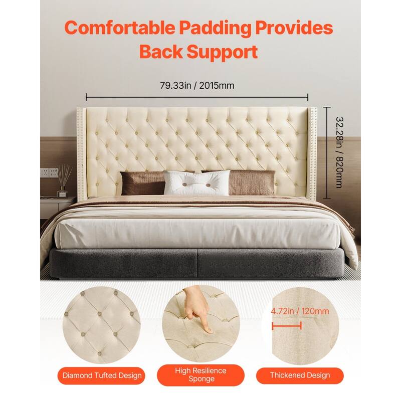 Cream Linen Diamond Tufted King Size Headboard with Adjustable Height and Steel Frame