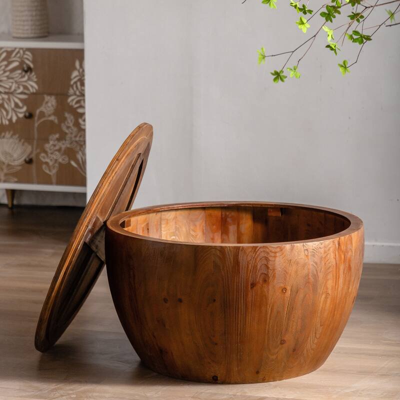 Vintage 31.50" Bucket Shaped Coffee Table with Hidden Storage, Solid Wood Center Table for Office, Living Room