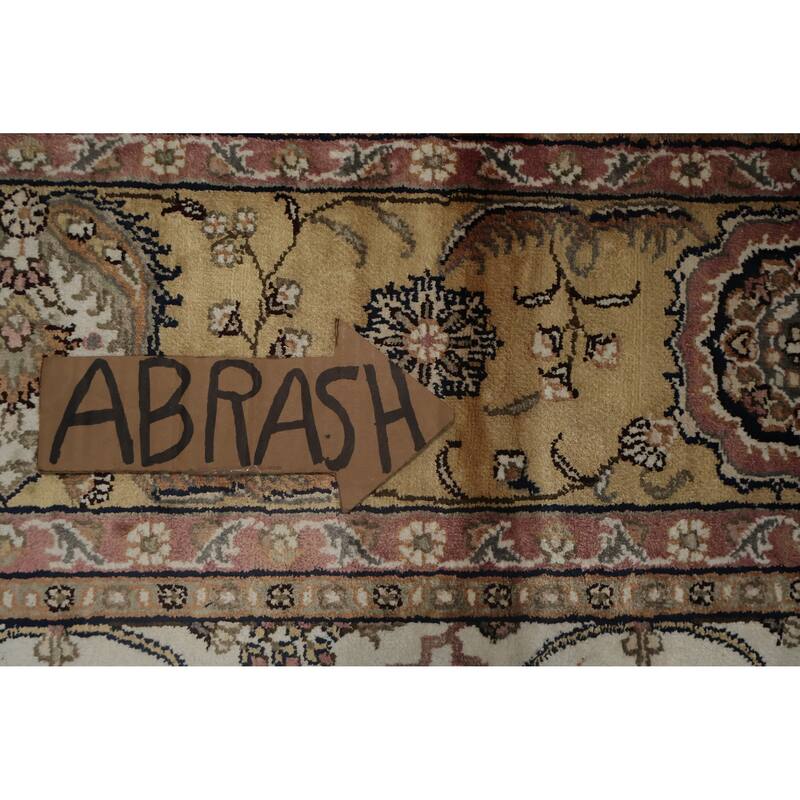 Hand Knotted Oriental Silk Carpet Traditional Floral Beige & Ivories Kashmir Area Rug - 8' 11'' X 6' 1''