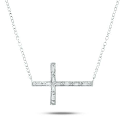 Cali Trove 1/10ct Baguette Round White Diamond 14k White Yellow Rose Gold Sideways Cross Pendant Necklace for Women