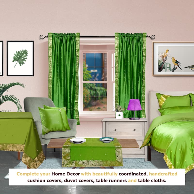 Forest Green Rod Pocket Sheer Sari Curtain / Drape / Panel - Pair