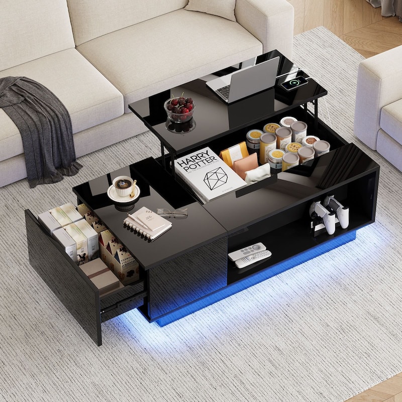 47" LED Lift Top Coffee Table with Charging Station, Hidden Storage & 7-Color Lights, Modern High Gloss Center Table