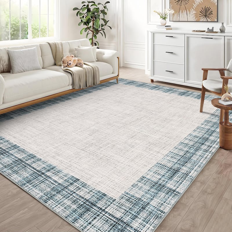 Garvee Linen Border Living Room Area Rug - 10'x13' - Light blue